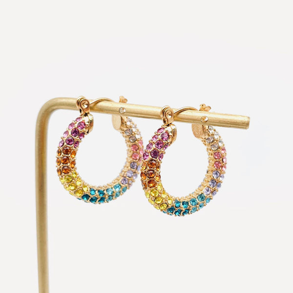 Mio Queena - Sparkling 18K Gold- Plated Stainless Steel Hoop Earrings: Rainbow Cubic Zirconia