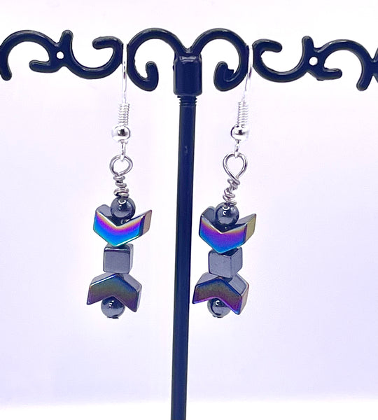 Amy Foxy Style Handmade Earrings Rainbow Hematite Arrows with Silver and Hematite Beads