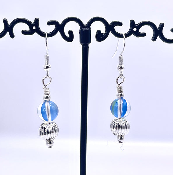 Amy Foxy Style Handmade Earrings Blue Mermaid Glass with Textured Silver Beads
