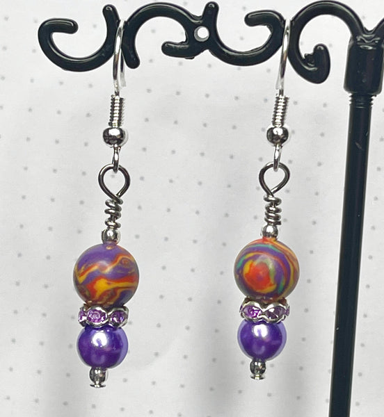 Amy Foxy Style Handmade Earrings Purple Pearl, Lilac Rhinestone Rondelle and Rainbow Dyed Malachite Beads
