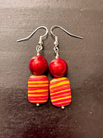 Amy Foxy Style Handmade Earrings Yellow and Red Malachite with Red Holo Beads
