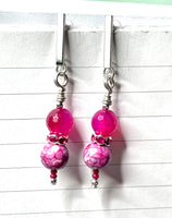 Amy Foxy Style Handmade Post Dangle Earrings Fuchsia Marbled Beads