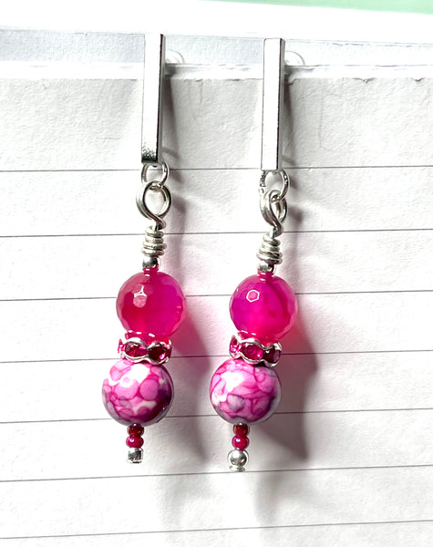 Amy Foxy Style Handmade Post Dangle Earrings - Fuchsia Marbled Beads