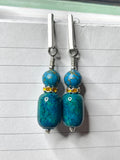 Amy Foxy Style Handmade Post Dangle Earrings Blue Green Stone and Turquoise Gold Beads