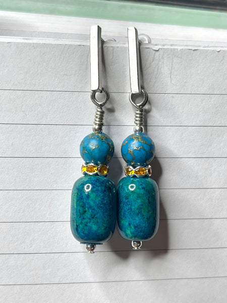 Amy Foxy Style Handmade Post Dangle Earrings - Blue Green Stone and Turquoise Gold Beads