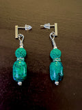 Amy Foxy Style Handmade Post Dangle Earrings - Blue Green Stone and Green Lava Beads