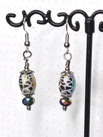Amy Foxy Style Handmade Earrings Iridescent Rainbow Crackle Barrel Beads