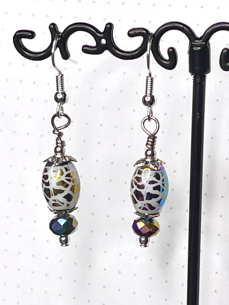 Amy Foxy Style Handmade Earrings - Iridescent Rainbow Crackle Barrel Beads