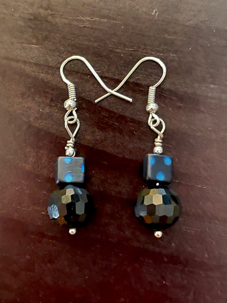 Amy Foxy Style Handmade Earrings - Black and Blue Dot Beads