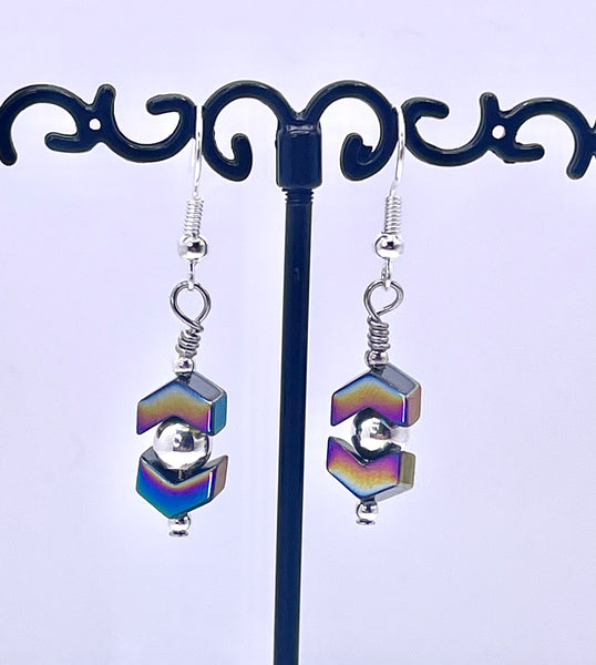 Amy Foxy Style Handmade Earrings - Rainbow Hematite Arrows with Silver Beads