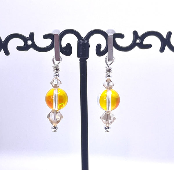 Amy Foxy Style Handmade Post Dangle Earrings - Yellow Mermaid Glass and Ivory Swarovski Elements™️ Beads