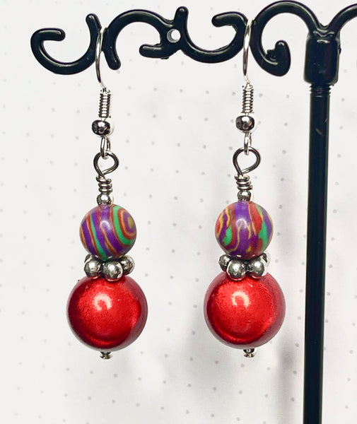 Amy Foxy Style Handmade Earrings - Red Holo Cats Eye and Rainbow Dyed Malachite Beads