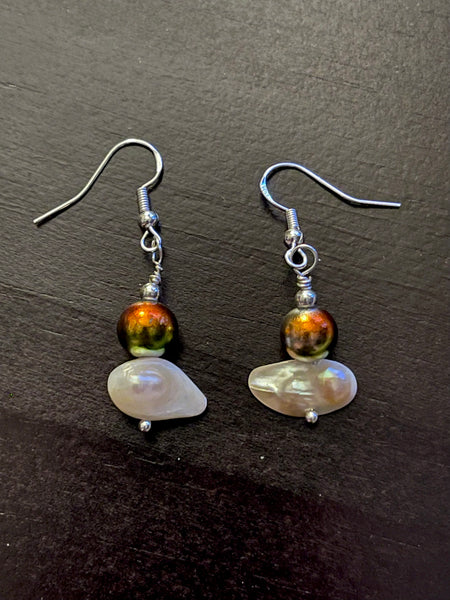 Amy Foxy Style Handmade Earrings Autumnal Metallic Finish with  Pearl Shell Beads