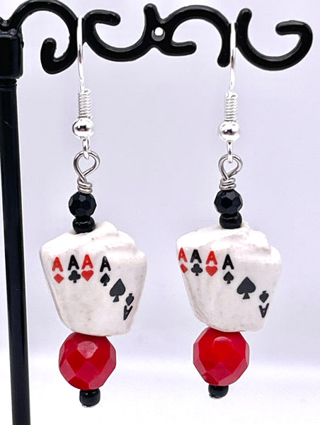 Amy Foxy Style Handmade Earrings - Ceramic Playing Cards with Red Accent Beads