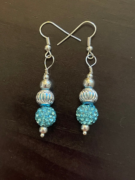 Amy Foxy Style Handmade Earrings - Silver and Aqua Sparkle Beads