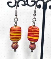 Amy Foxy Style Handmade Earrings Red and Yellow Dyed Malachite, Red Rhinestone Rondelle and Rainbow Dyed Malachite Beads