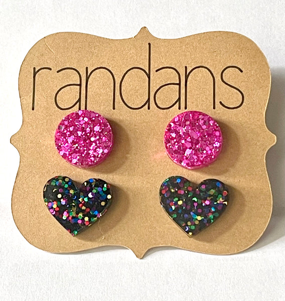 Randans - Glitter Circle and Heart Stud Duo HOT PINK PARTY
