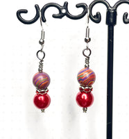 Amy Foxy Style Handmade Earrings - Red Pearl, Red Rhinestone Rondelle and Rainbow Dyed Malachite Beads