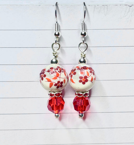 Amy Foxy Style Handmade Earrings - Red Flower Ceramic Rhinestone Beads