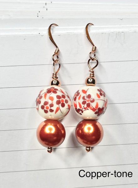 Amy Foxy Style Handmade Earrings Red Flower Ceramic Copper Beads