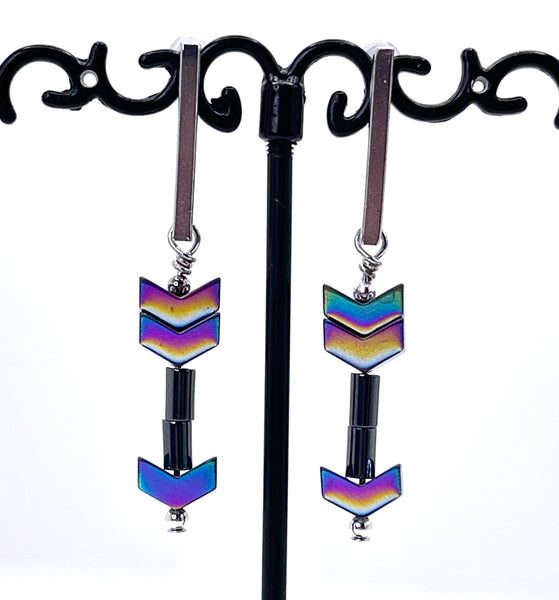 Amy Foxy Style Handmade Post Dangle Earrings - Rainbow Hematite Bead Arrows