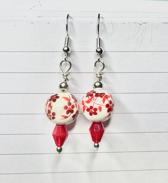 Amy Foxy Style Handmade Earrings Red Flower Ceramic Cone Beads
